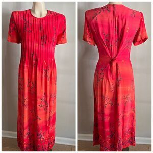 Vintage 90s Red Ombre Floral Rayon Midi Dress Pleated Tie Back Boho
